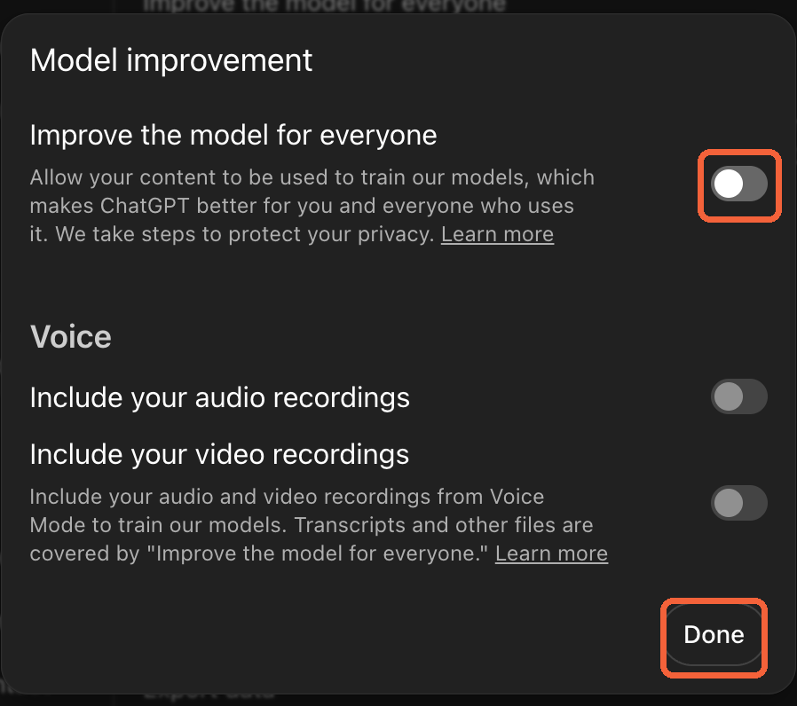 ChatGPT Model improvement dialog. The Improve the model for everyone toggle is off, circled in orange, and the Done button at the bottom is also circled.