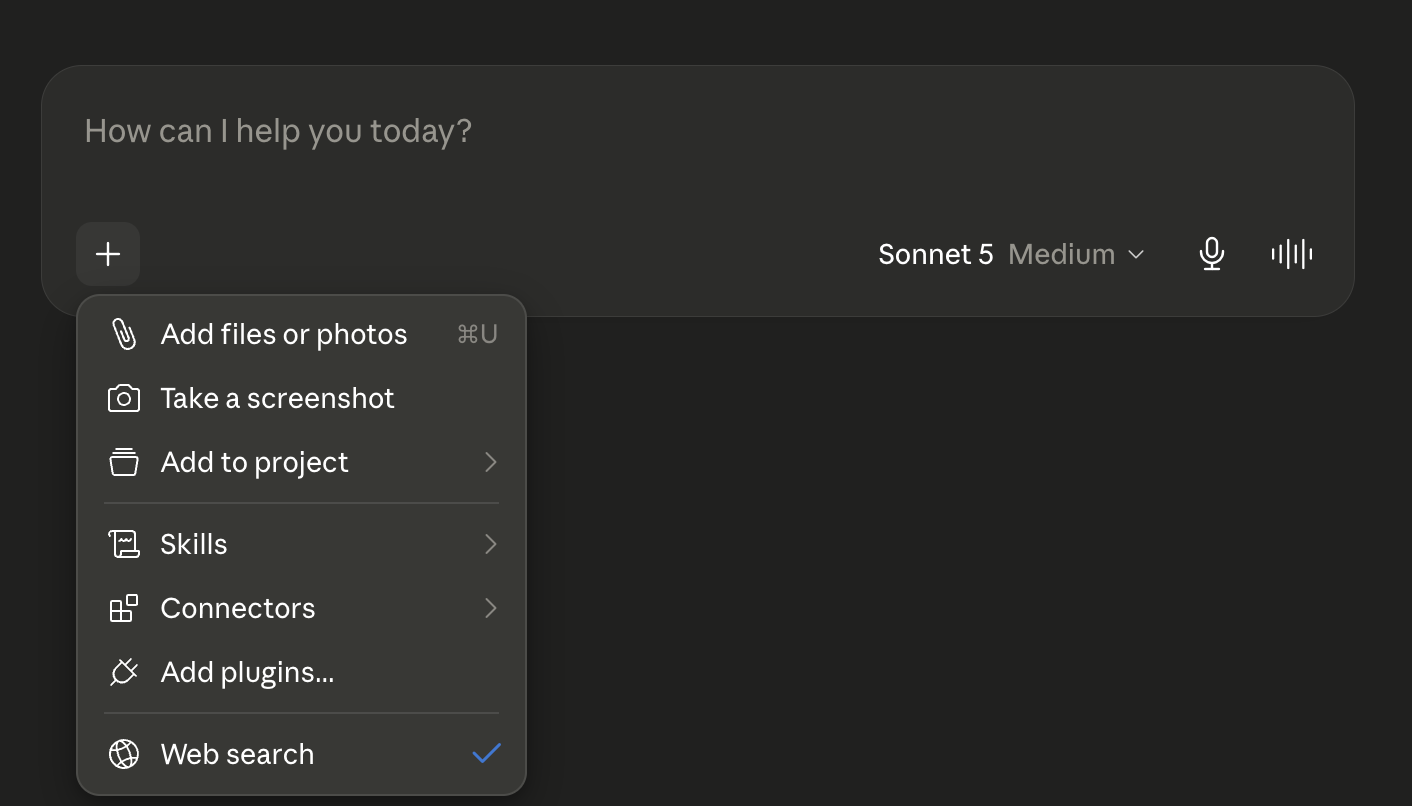 The plus menu open in Claude, showing Add files or photos, Take a screenshot, Add to project, Skills, Connectors and more.