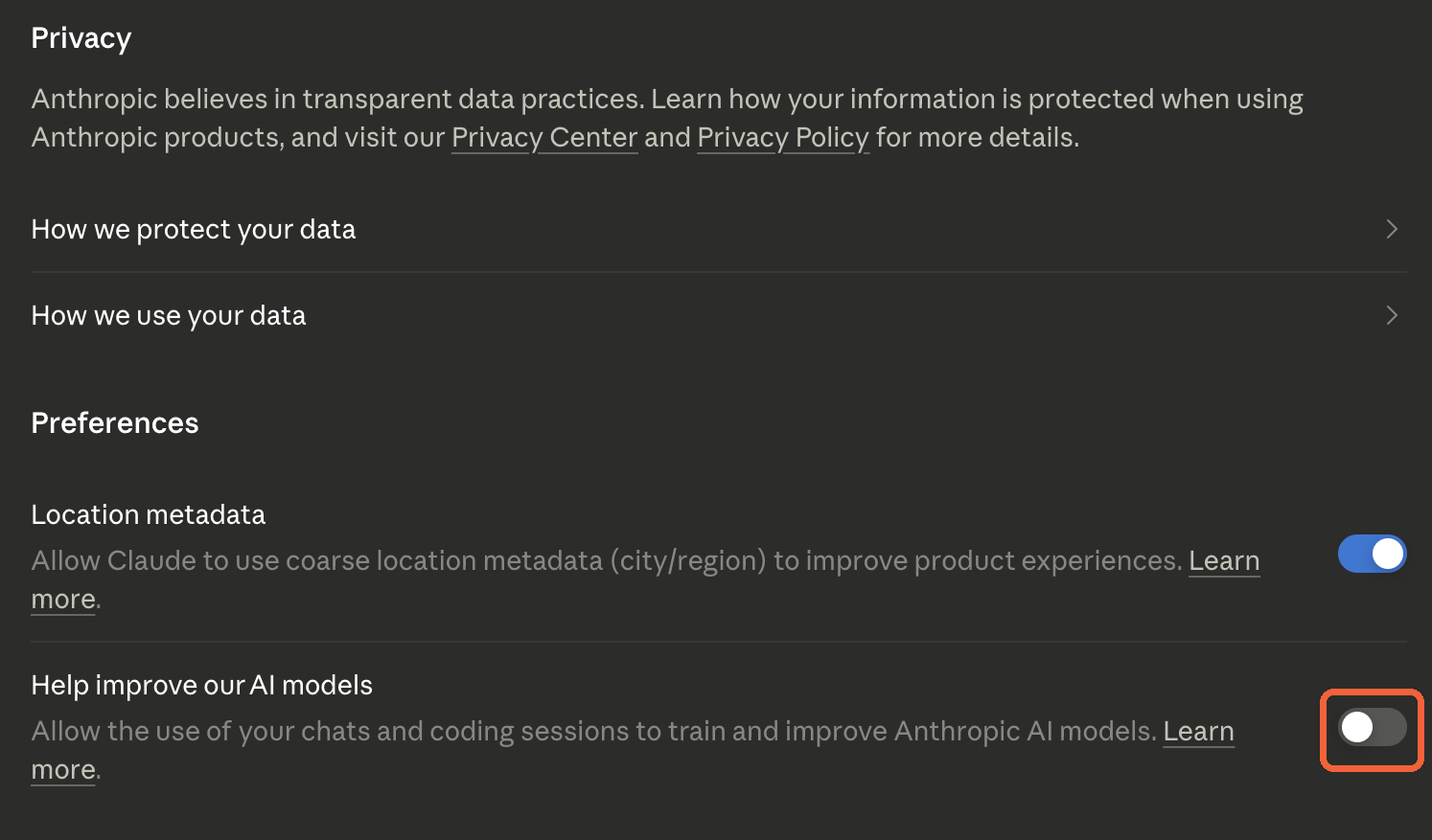 Claude Privacy settings. Under Preferences, the Help improve our AI models toggle is switched off, circled in orange.