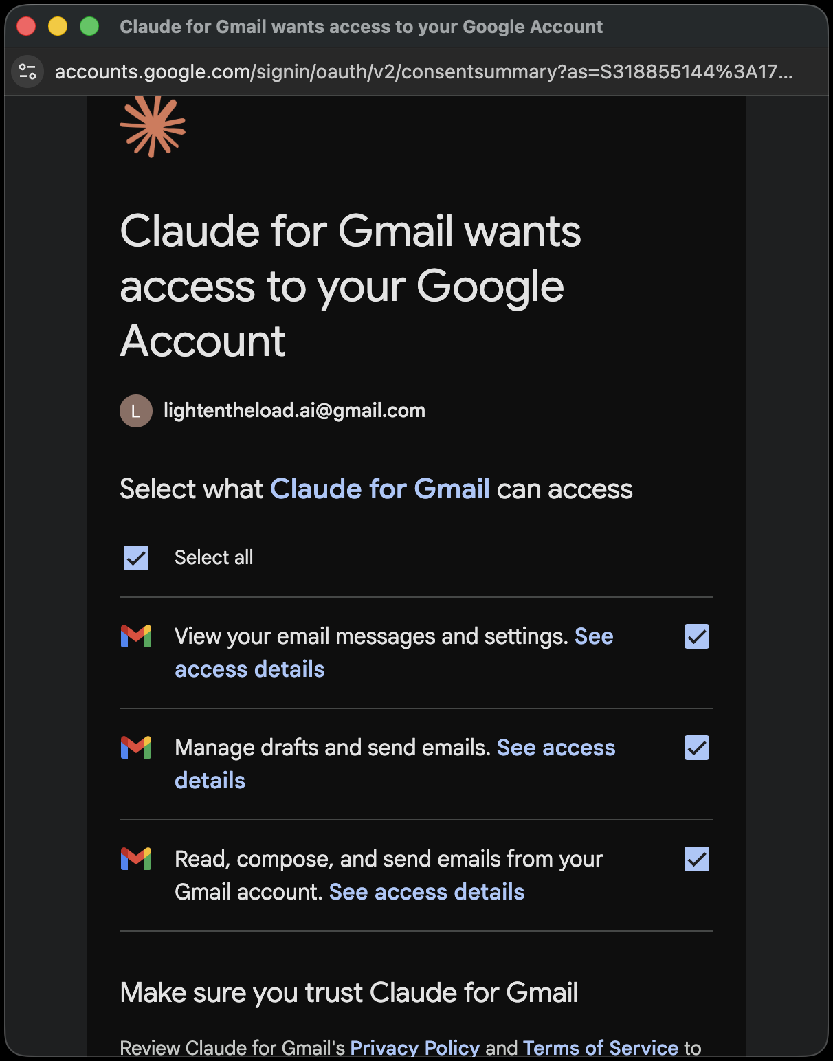 A Google account permission screen titled Claude for Gmail wants access to your Google Account, listing each thing being granted with its own checkbox.