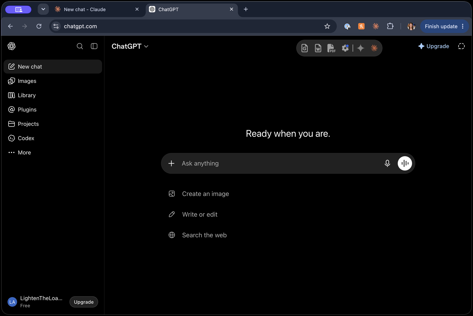 The ChatGPT home screen, with a Ask anything message bar and a sidebar of options.