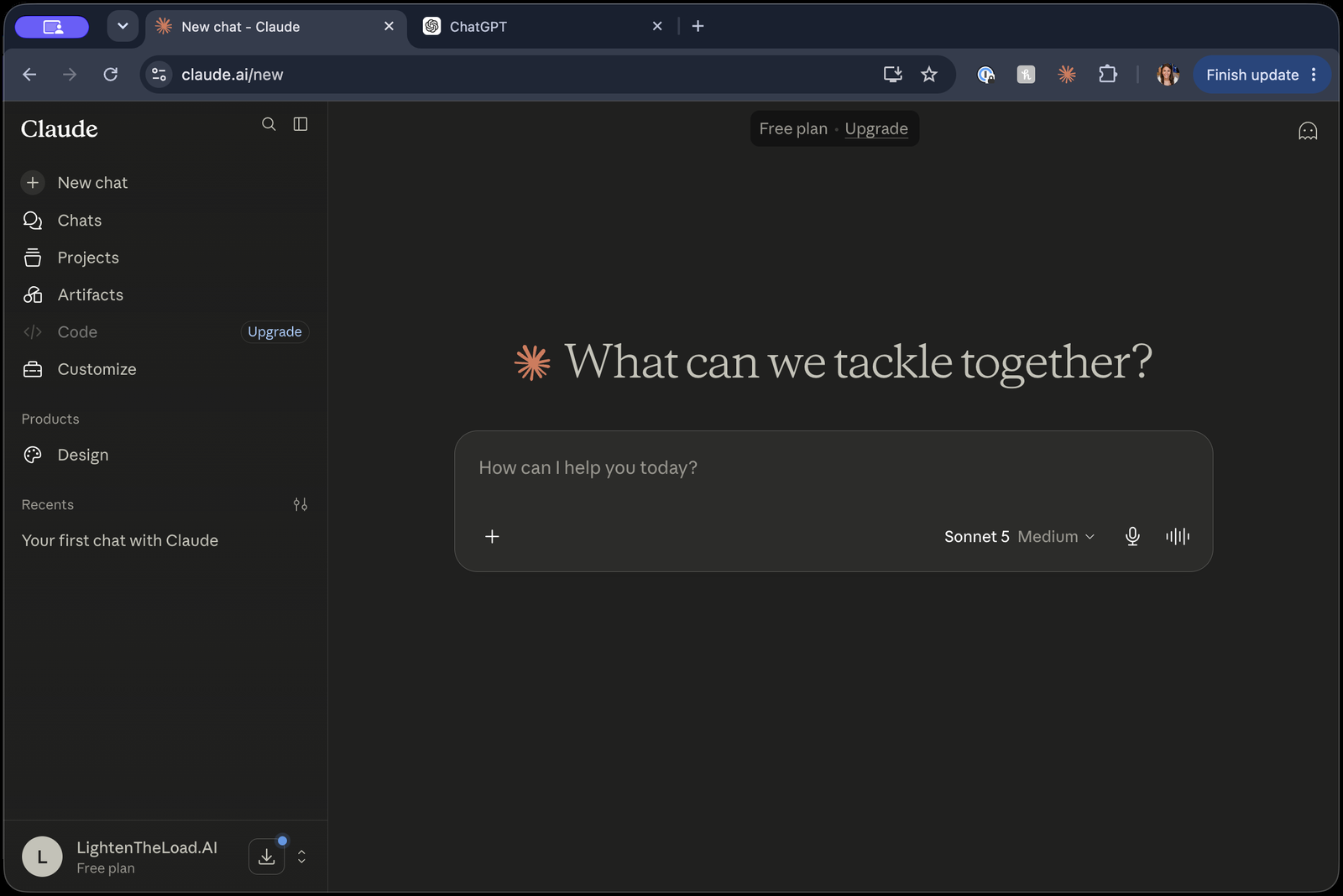 The Claude home screen, reading What can we tackle together, with a message bar and a sidebar.